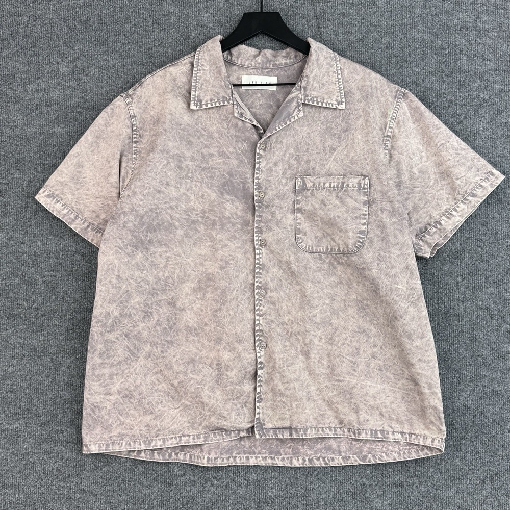 Les Tien Button Up Shirt Men's L Gray Acid Wash Heavyweight Cuban Camp Collar
